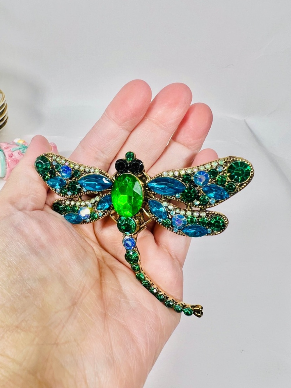 Emerald & Teal Dragonfly Crystal Brooch - Picture 7 of 10